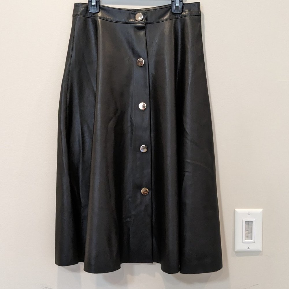 Zara Black Faux Leather A-Line Button-Front Skirt